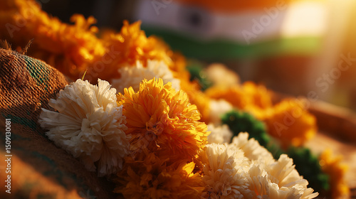 Vibrant marigold garlands in saffron, white, and green on fabric, celebrating India's Independence Day spirit
