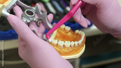 Close up of dental professional wearing medical gloves holding dental jaw model and demonstrating proper tooth brushing technique using interdental brush. Concept of dental care, oral health, hygiene