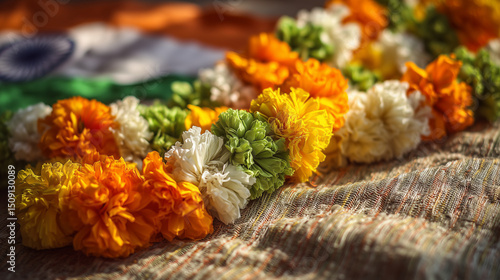 Vibrant marigold garlands in saffron, white, and green on fabric, celebrating India's Independence Day spirit