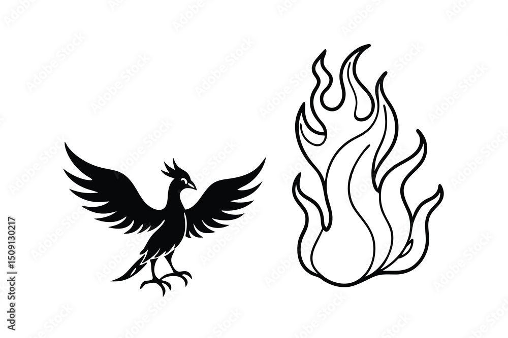 Obraz premium Black phoenix bird and fire flames design graphic illustration