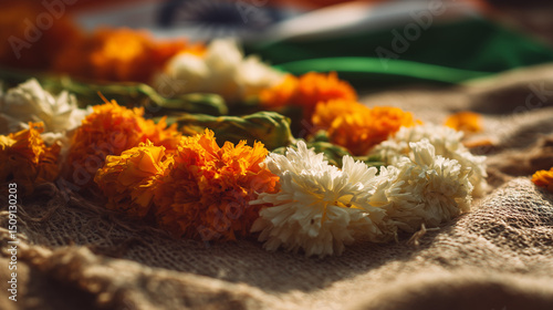 Vibrant marigold garlands in saffron, white, and green on fabric, celebrating India's Independence Day spirit