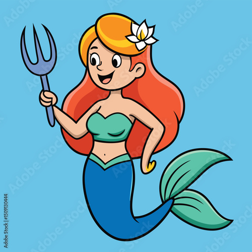 Mermaid combing hair with fork underwater humorous scene