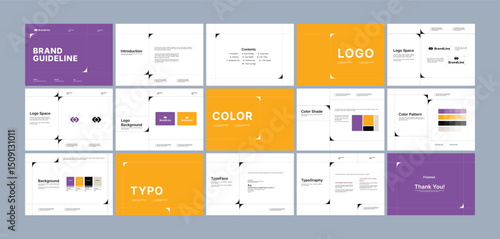 Brand guidelines template, Landscape brand identity presentation, purple orange, modern, and clean design, Logotype guidelines template for creative agency, design studio, brand consultant
