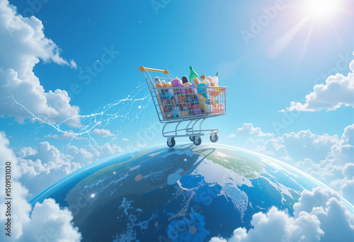 A shopping cart is flying through the sky above the Earth