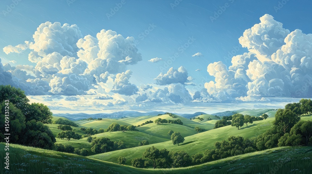 Fototapeta premium Lush green hills under a vast, cloudy sky.