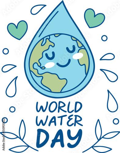 Whimsical World Water Day Illustration with Smiling Earth in Water Droplet