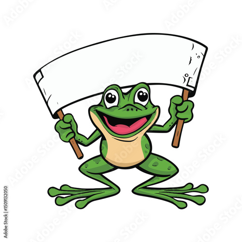 A cute green cartoon frog, a cheerful amphibian character, holds a funny sign with a smile in this vector illustration