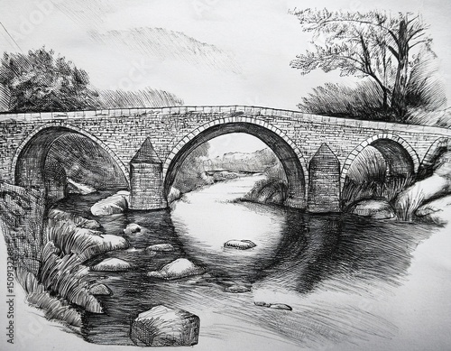 ink sketches showing different types of stone arched bridges displayed