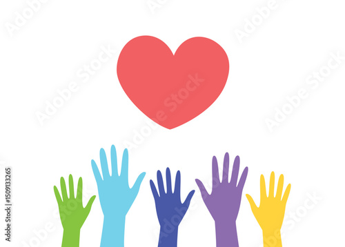 Five colorful hands lifted toward a large red heart, expressing unity, compassion, and charitable efforts.