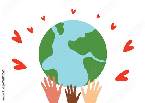 Illustration of multicultural hands lifting the planet surrounded by red hearts, symbolizing global unity, care, and peace.