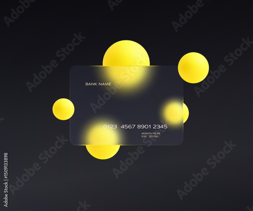 Vector design of credit card with soft transparent glass effect and bright yellow spheres on dark background symbolizing fintech and finance.