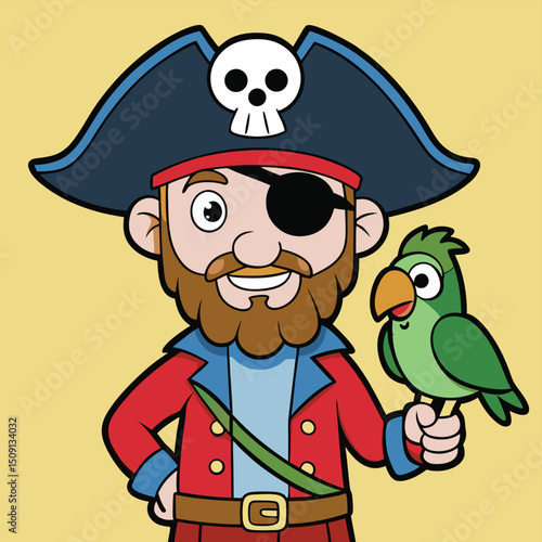 Pirate with eyepatch and parrot on shoulder holding map