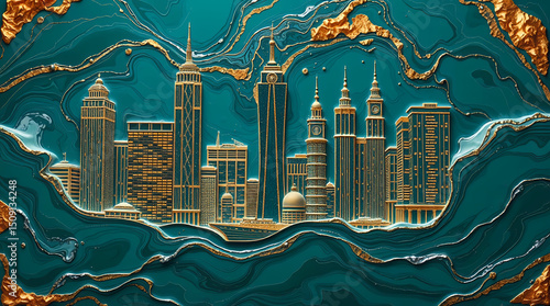 Marbleous Structures - Golden Cityscape Emerges From Luxurious Swirling Teal, Gold, And Silver Epoxy, Creating A Vibrant Artwork.