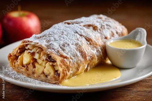 Apfelstrudel mit Vanillesauce österreichische Mehlspeise traditionelles Dessert aus Blätterteig mit Apfelfüllung und Zimt serviert mit Puderzucker bestreut klassische Süßspeise Alpenküche