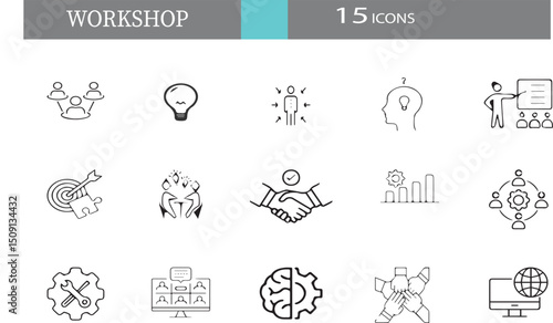 Workshop Icons Set – 15 Flat Vector Line Icons