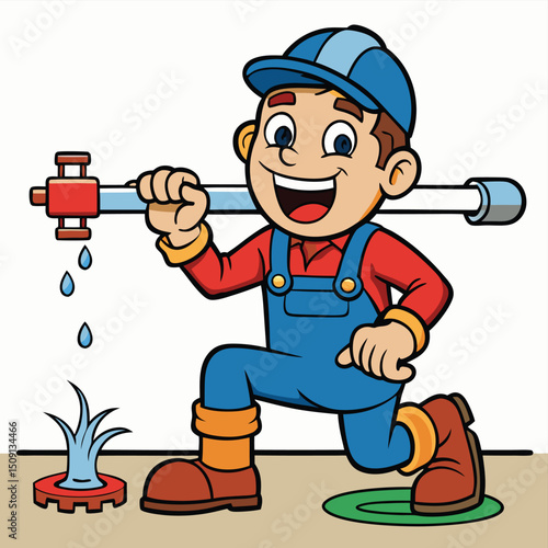 Plumber fixing leaking pipe under sink with tools
