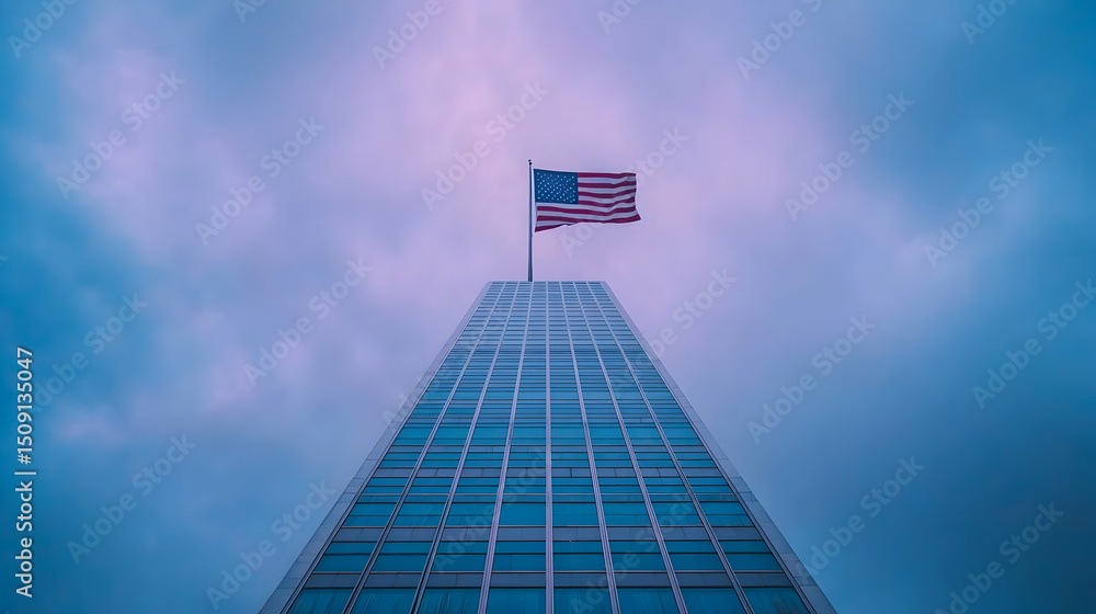Obraz premium American Flag atop Modern Glass Skyscraper under Cloudy Sky