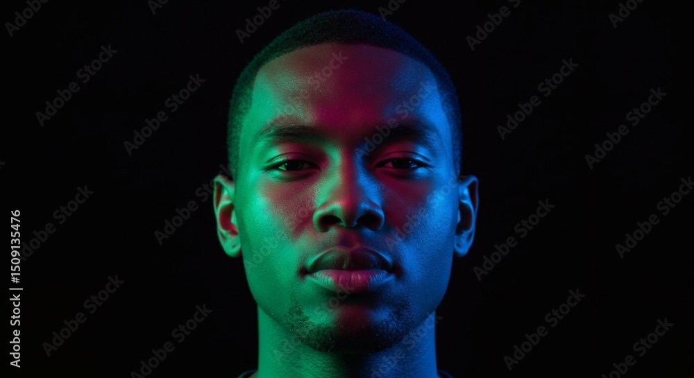 A captivating studio portrait of a young black man with vibrant, multi-colored lighting on a dark backdrop. A captivating studio portrait of a young black man with vibrant, multi-colored lighting on a dark backdrop.