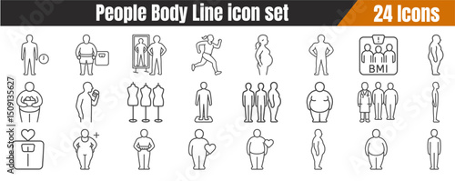 People body different weights line icon set. Vector pictograms of figure,  underweight,scale,overweight,  pregnant, BMI, health, thin linear illustration.