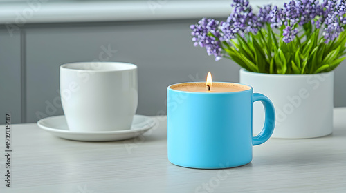 Blue Mug Candle with Lavender and Teacup on Table