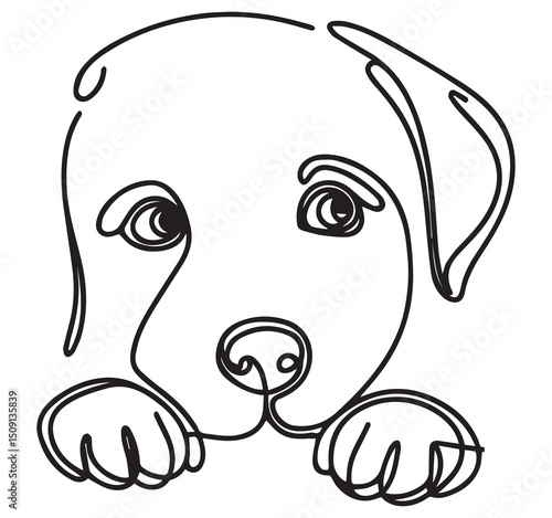 Cute Puppy Line Art: Minimalist Dog Illustration, One Line Drawing of a Labrador Retriever Puppy Face with Paws, Pet Portrait Vector