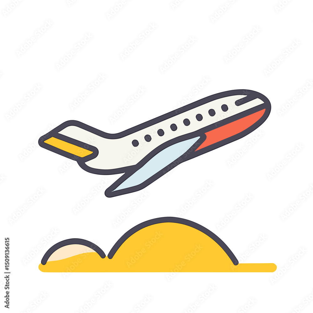 Fototapeta premium Vector illustration of an airplane taking off into blue sky. Concept aviation and journey beginnings.