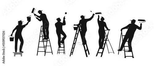 Professional painters silhouettes on ladders, isolated cutouts