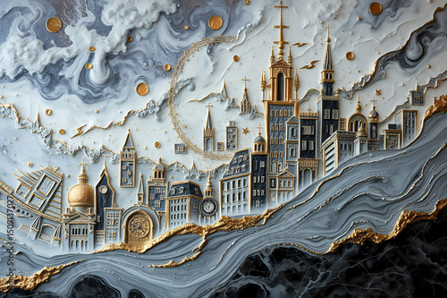 Marbleous Structures - Intricate Gold-Accented Cityscape Emerges Fantastically From Swirling Marble Under A Dramatic, Celestial, Snowy Sky.