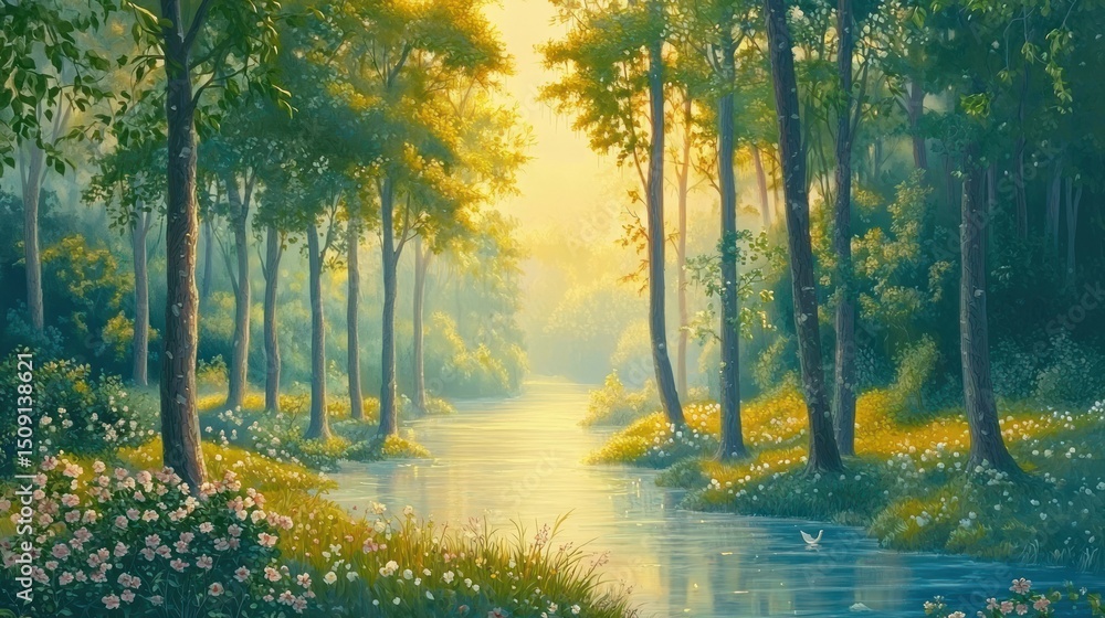 Fototapeta premium Serene forest landscape by a tranquil river.