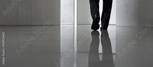 Person walking away, office, shiny floor, modern building. Business concept