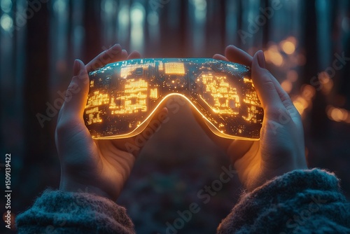 Hands holding futuristic glowing VR virtual reality glasses headset with visible circuit board pattern, symbolizing technology, digital innovation, and metaverse