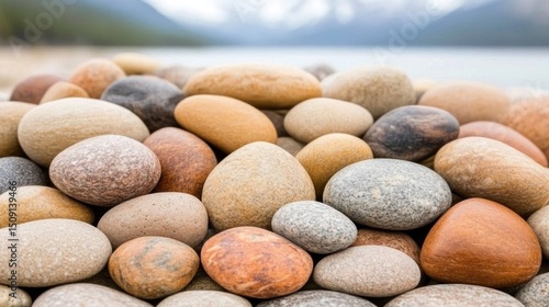 Smooth lake rocks, mountain backdrop, serenity, nature scene, relaxation
