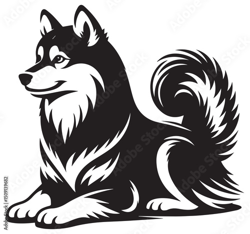 Black and White Alaskan Klee Kai Dog Illustration: Cute Puppy with Curly Tail, Vector Art, Pet Portrait, Dog Breed Graphic, Animal Clipart
