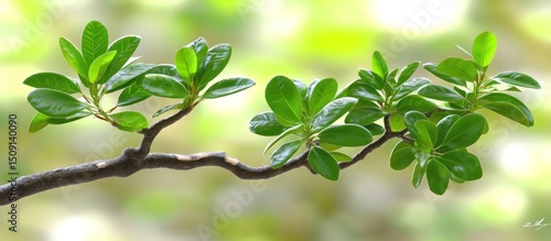 Lush green branch, sunlight bokeh, spring growth. Nature photography for wellness websites