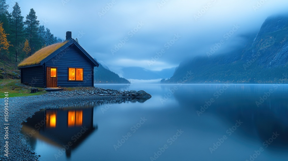 Fototapeta premium Tranquil cabin by a lake at dawn