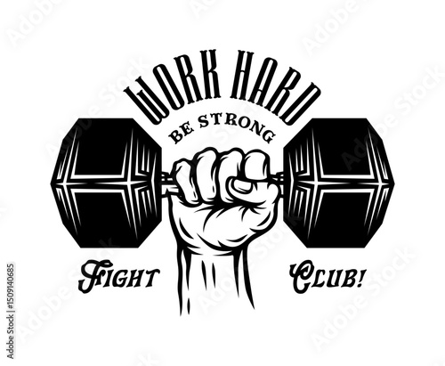 Monochrome fighting club logotype with Hand lifting dumbbell in vintage style isolated vector illustration