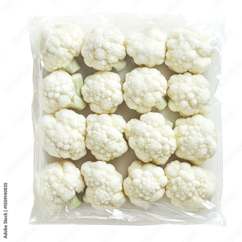 Frozen Cauliflower Florets Arranged Neatly isolated on a transparent background Frozen Cauliflower Florets Arranged Neatly isolated on a transparent background
