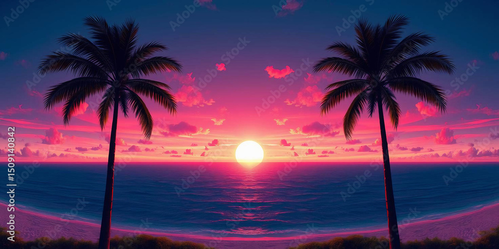 Neon sunset over tropical beach with palm trees silhouettes. Retro synthwave retrowave style. Night landscape vacation travel concept. Pink, blue, purple colors. Summer party vibe Neon sunset over tropical beach with palm trees silhouettes. Retro synthwave retrowave style. Night landscape vacation travel concept. Pink, blue, purple colors. Summer party vibe