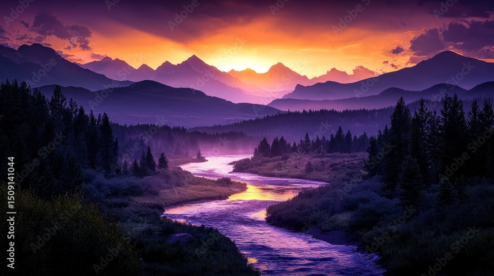 Fototapeta premium A serene river meanders through a majestic mountain valley at sunrise.