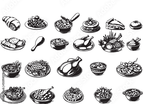 variety of food dishes collection black vector decorative sketch illustration.