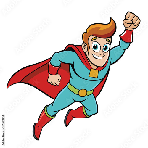 Superhero flying through sky with red cape flowing behind