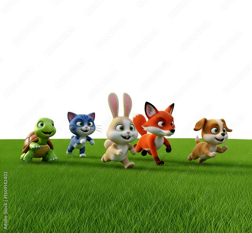 Naklejka premium Baby cute animals running on the grass