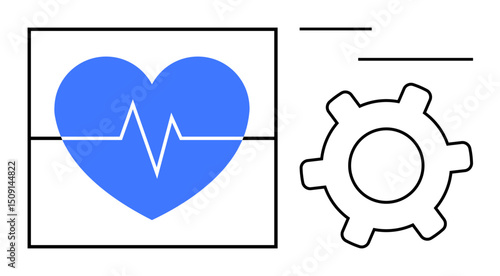 Blue heart with EKG line inside a square accompanied by a gear. Ideal for health, technology, medical systems, innovation, diagnostics, cardiology, and automation themes. Flat simple metaphor