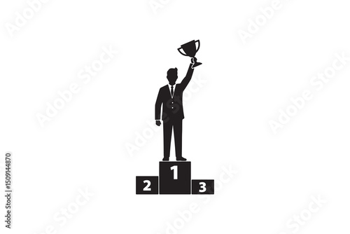 Businessman Holding Trophy on Podium Silhouette Illustration - Success Concept Silhouette of Man with Trophy on Podium