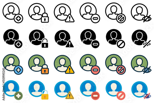 User account icon set related to profile, add, lock, delete, unfriend, ban, hidden, and others. vector illustration with, line, outline, glyph, lineal color, and flat style