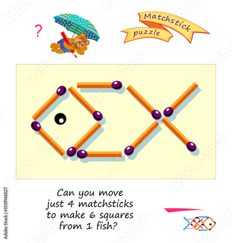 Logic puzzle game with matches for smartest. Can you move just 4 matchsticks to make 6 squares from 1 fish? Page for brain teaser book. Developing spatial thinking skills. Vector illustration.