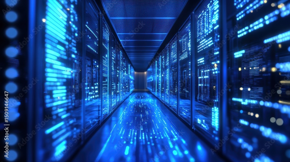 Fototapeta premium Quantum Computer Processor Chip Glowing in Server Room
