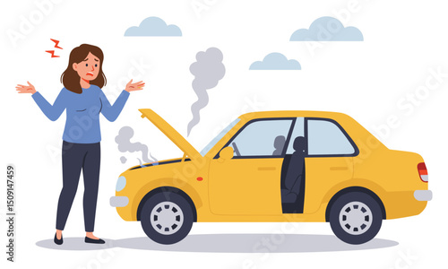 Woman Stressed by Car Breakdown Illustration