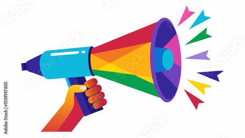 Hand holding rainbow megaphone vector illustration for social media and activism