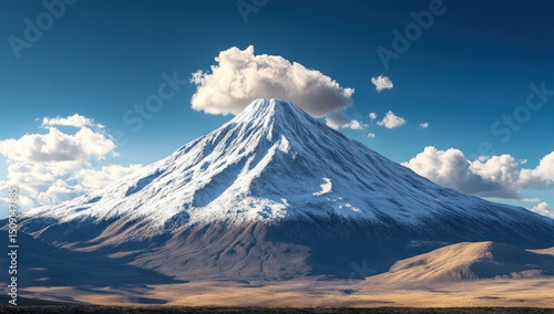 Majestic snow-capped mountain peak under a vibrant sky with scattered clouds